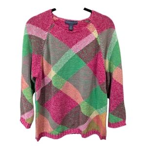 Northern Isles Pink & Green Geometric Retro 70s Sweater (L)